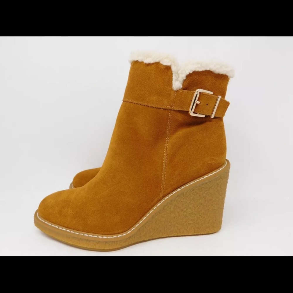 Franco Sarto Women's Boots Ulayna Ankle Bootie Wedge Heel Tan Suede Sherpa Zip